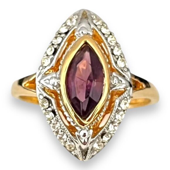 Vintage Ring Size 5 Amethyst Austrian Crystal 18K Gold Plate Mid-Century MCM 14F - Picture 4 of 16